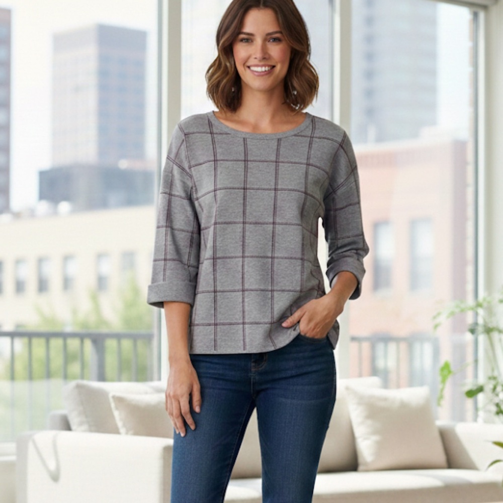 NWT TAHARI Pullover Plaid Knit Sweater Top 3/4 Sleeves Tunic Grey Red Women’s 1X - Picture 2 of 13